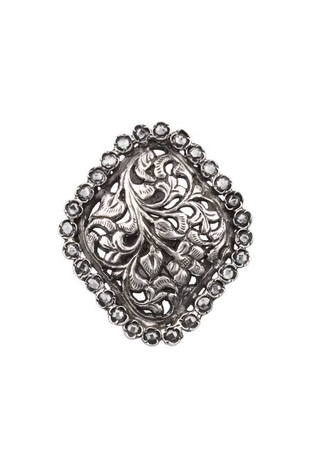Sangeeta Boochra_Silver Plated Stones Ritisha Floral Carved Ring _Online_at_Aza_Fashions