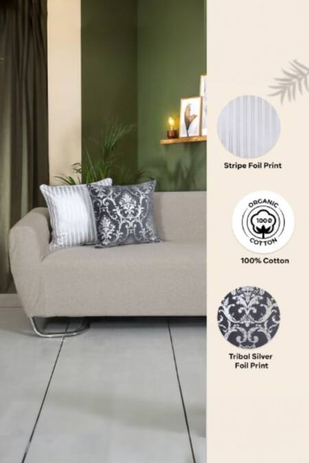 Shop Ode & Cloe Silver Cotton Print Foil 5 Pcs Cushion Covers at Aza Fashions Shop_Ode & Cloe_Silver Cotton Print Foil 5 Pcs Cushion Covers_at_Aza_Fashions