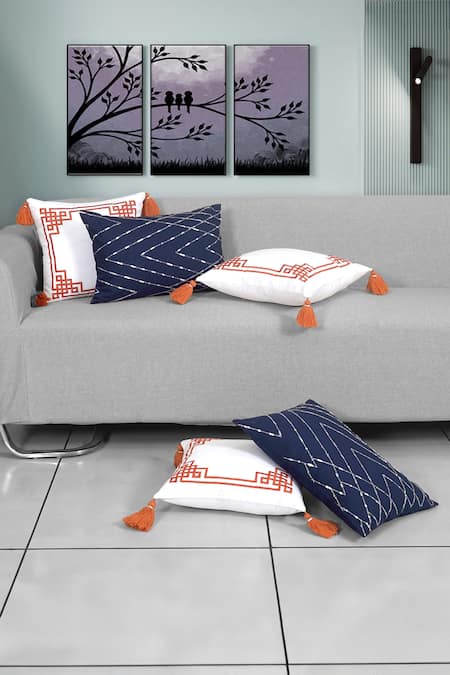 ODE & CLOE Off White Cotton Embroidery Geometric And Beads 5 Pcs Cushion Covers 