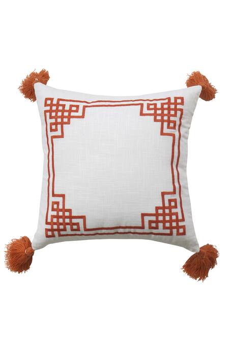 Shop_Ode & Cloe_Off White Cotton Embroidery Geometric And Beads 5 Pcs Cushion Covers_Online_at_Aza_Fashions