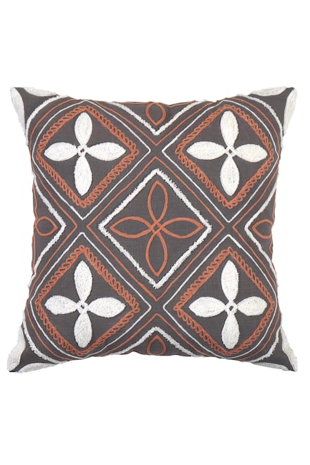 Shop_Ode & Cloe_Grey Cotton Embroidery Diamond And Geometric 5 Pcs Cushion Covers_Online_at_Aza_Fashions