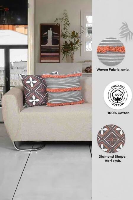 Shop Ode & Cloe Grey Cotton Embroidery Diamond And Tassel 5 Pcs Cushion Covers at Aza Fashions Shop_Ode & Cloe_Grey Cotton Embroidery Diamond And Tassel 5 Pcs Cushion Covers_at_Aza_Fashions