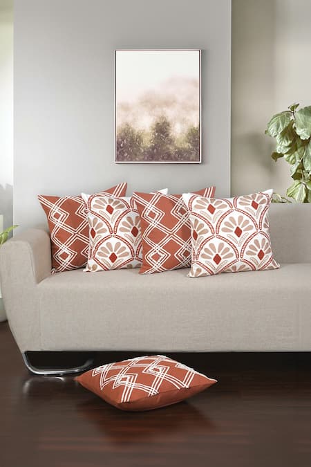 ODE & CLOE Orange Cotton Aari Diamond And Embroidered 5 Pcs Cushion Covers 