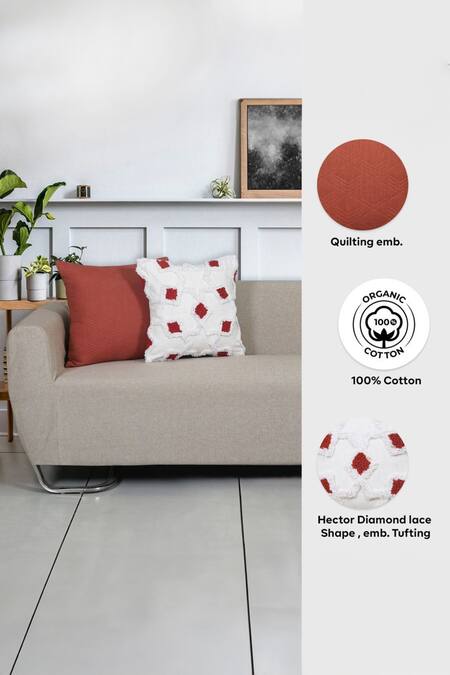 Shop Ode & Cloe Orange Cotton Embroidered, Tufted, Geometric Quilted And 5 Pcs Cushion Covers at Aza Fashions Shop_Ode & Cloe_Orange Cotton Embroidered, Tufted, Geometric Quilted And 5 Pcs Cushion Covers_at_Aza_Fashions