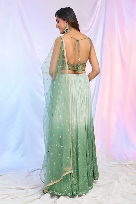 Shop_Aariyana Couture_Green Net, Georgette Embroidery, Sequins Square Neck Ombre Lehenga Set _at_Aza_Fashions
