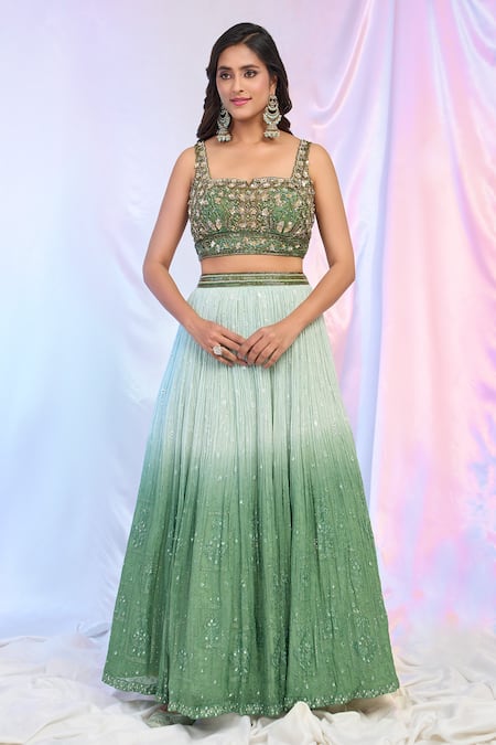 Aariyana Couture_Green Net, Georgette Embroidery, Sequins Square Neck Ombre Lehenga Set _Online_at_Aza_Fashions