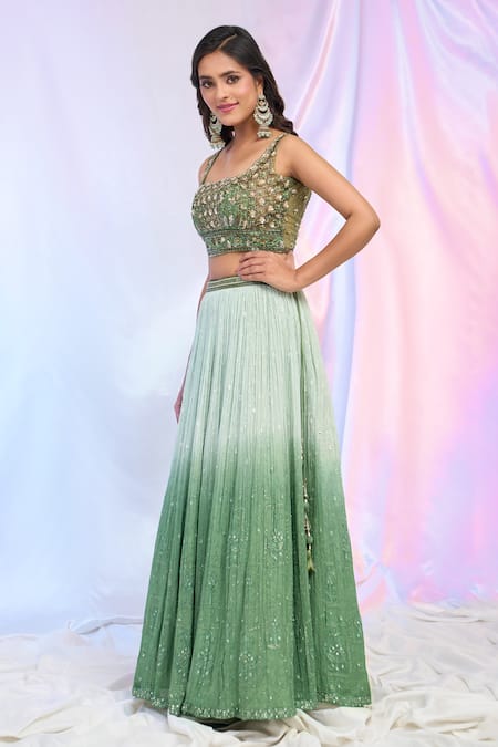 Buy_Aariyana Couture_Green Net, Georgette Embroidery, Sequins Square Neck Ombre Lehenga Set _Online_at_Aza_Fashions