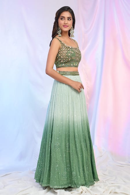 Shop_Aariyana Couture_Green Net, Georgette Embroidery, Sequins Square Neck Ombre Lehenga Set _Online_at_Aza_Fashions
