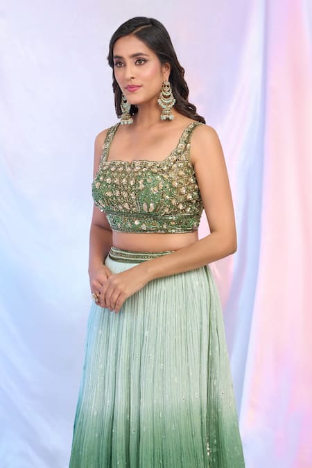 Aariyana Couture_Green Net, Georgette Embroidery, Sequins Square Neck Ombre Lehenga Set _at_Aza_Fashions