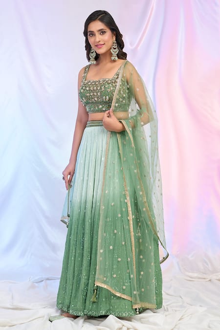 Shop_Aariyana Couture_Green Net, Georgette Embroidery, Sequins Square Neck Ombre Lehenga Set 