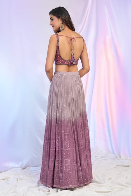 Shop_Ariyana By Aza_Purple Net, Georgette Embroidery, Sequins Square Neck Ombre Lehenga Set _at_Aza_Fashions