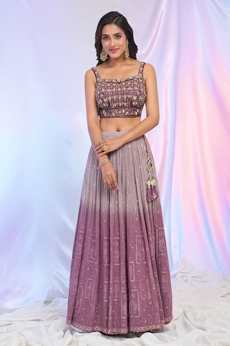 Ariyana By Aza_Purple Net, Georgette Embroidery, Sequins Square Neck Ombre Lehenga Set _Online_at_Aza_Fashions