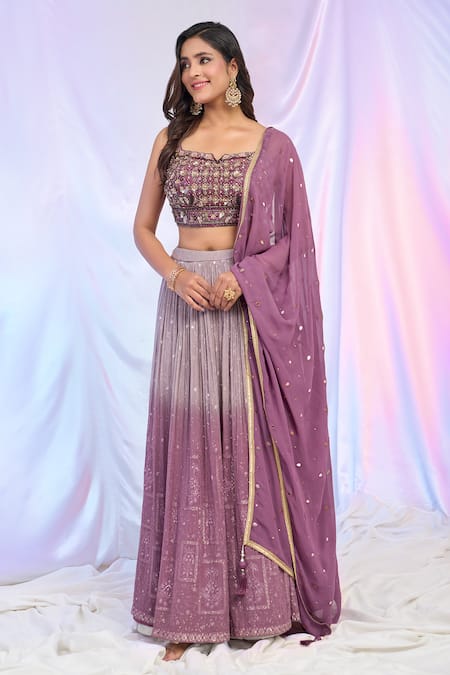 Buy_Ariyana By Aza_Purple Net, Georgette Embroidery, Sequins Square Neck Ombre Lehenga Set _Online_at_Aza_Fashions