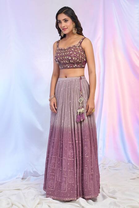Shop_Ariyana By Aza_Purple Net, Georgette Embroidery, Sequins Square Neck Ombre Lehenga Set _Online_at_Aza_Fashions