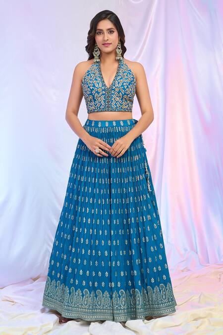 Aariyana Couture_Blue Viscose, Chiffon, Georgette Embroidery Floral Pattern Pleated Lehenga Set_Online_at_Aza_Fashions