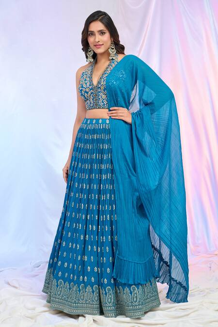 Buy_Aariyana Couture_Blue Viscose, Chiffon, Georgette Embroidery Floral Pattern Pleated Lehenga Set_Online_at_Aza_Fashions