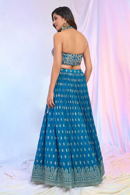 Shop_Aariyana Couture_Blue Viscose, Chiffon, Georgette Embroidery Floral Pattern Pleated Lehenga Set_Online_at_Aza_Fashions