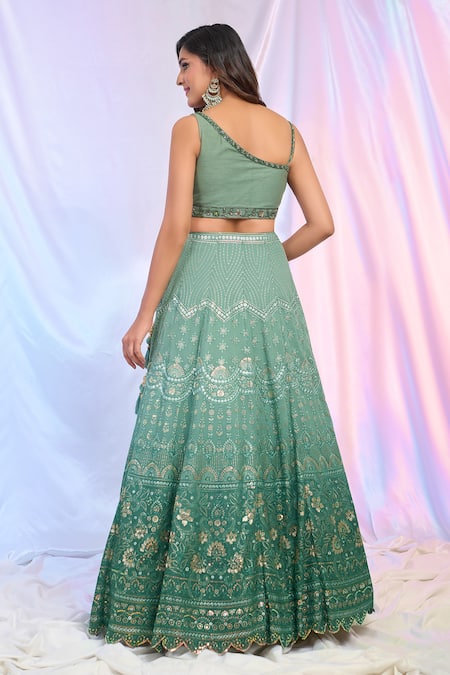 Shop_Aariyana Couture_Green Net, Georgette Embroidery, Sequins, Tassels Floral Ombre Kali Lehenga Set _at_Aza_Fashions