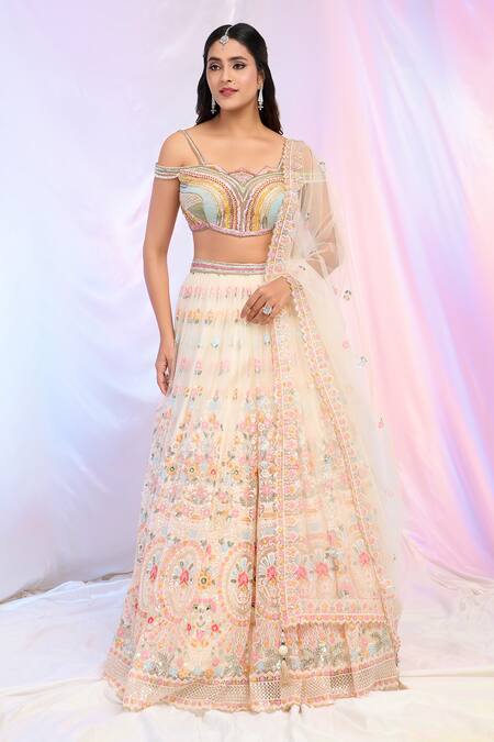 Alaya Advani Cream Net Hand Embroidered Sequins Cutwork Floral Lehenga Set  8