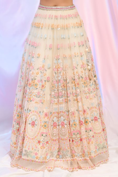 Alaya Advani Cream Net Hand Embroidered Sequins Cutwork Floral Lehenga Set  10