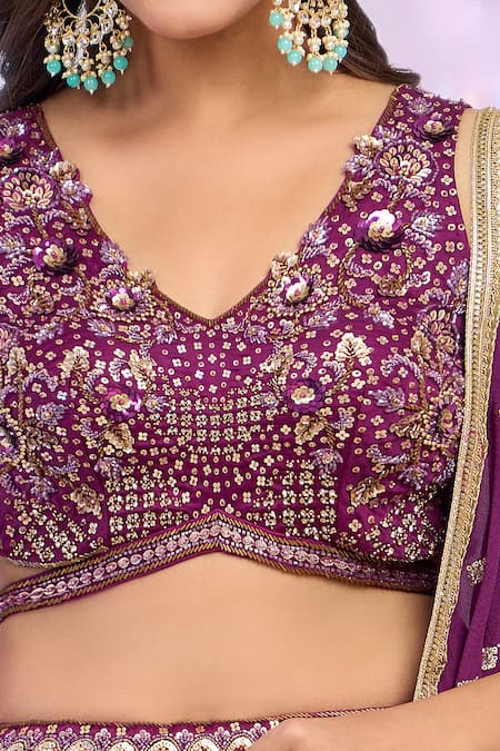 Aariyana Couture_Wine Net, Chiffon, Georgette Sequins, Embroidery V-neck Hand Lehenga Set _Online_at_Aza_Fashions