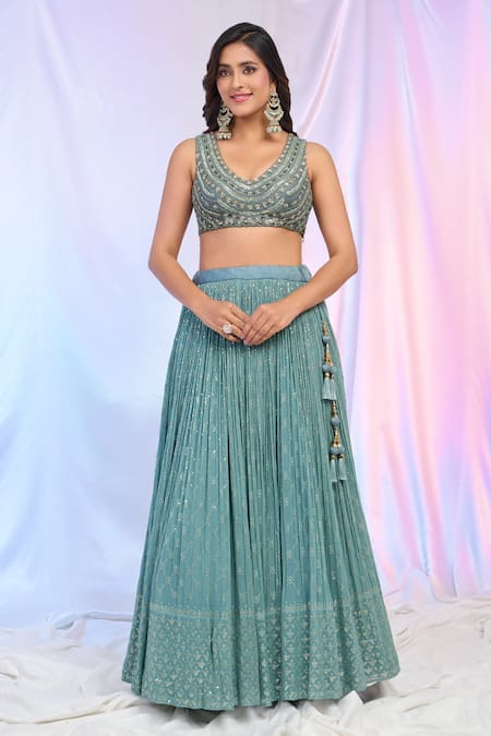 Buy Ariyana By Aza Blue Silk, Net, Georgette Sequins, Tassels V-neck Hand Work Pleated Lehenga Set Online at Aza Fashions Buy_Ariyana By Aza_Blue Silk, Net, Georgette Sequins, Tassels V-neck Hand Work Pleated Lehenga Set _Online_at_Aza_Fashions