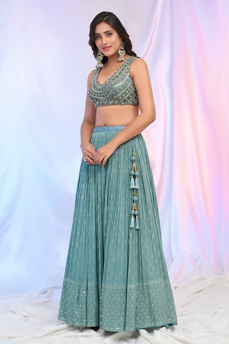 Buy Ariyana By Aza Blue Silk, Net, Georgette Sequins, Tassels V-neck Hand Work Pleated Lehenga Set Buy_Ariyana By Aza_Blue Silk, Net, Georgette Sequins, Tassels V-neck Hand Work Pleated Lehenga Set