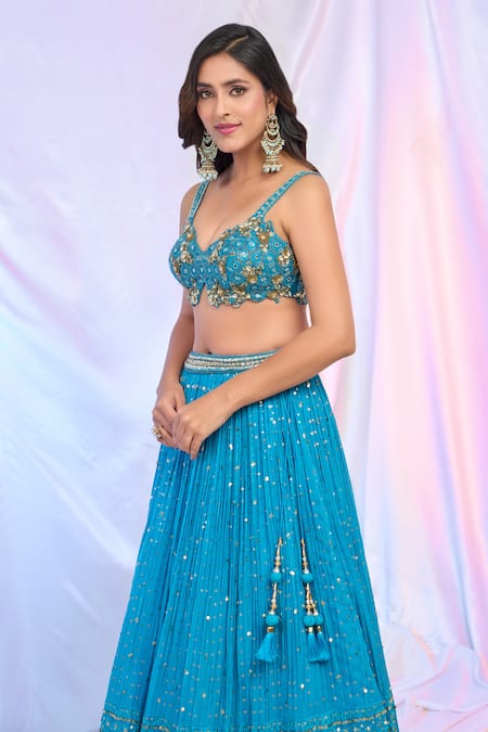 Aariyana Couture Blue Silk, Georgette, Net Sequins, Embroidery Plunge Neck Hand Work Lehenga Set at Aza Fashions Aariyana Couture_Blue Silk, Georgette, Net Sequins, Embroidery Plunge Neck Hand Work Lehenga Set _at_Aza_Fashions