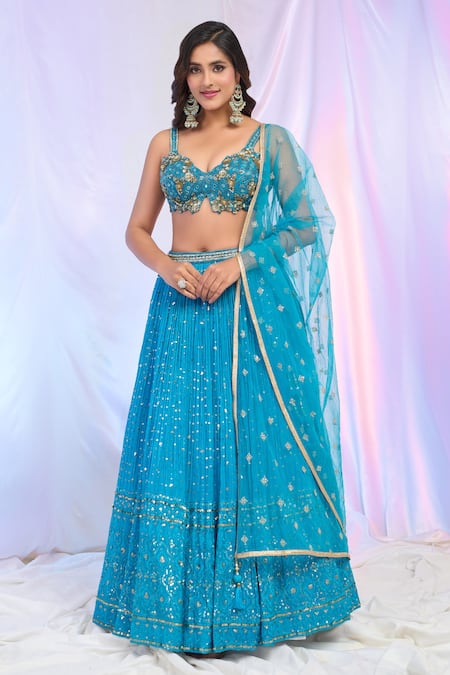 Buy Aariyana Couture Blue Silk, Georgette, Net Sequins, Embroidery Plunge Neck Hand Work Lehenga Set Buy_Aariyana Couture_Blue Silk, Georgette, Net Sequins, Embroidery Plunge Neck Hand Work Lehenga Set