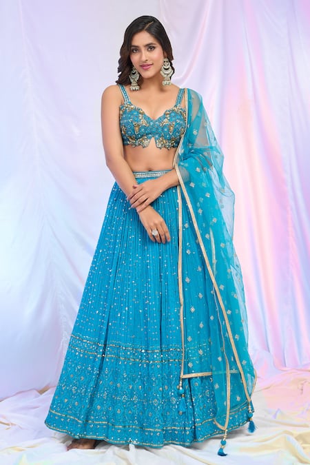 Shop Aariyana Couture Blue Silk, Georgette, Net Sequins, Embroidery Plunge Neck Hand Work Lehenga Set Shop_Aariyana Couture_Blue Silk, Georgette, Net Sequins, Embroidery Plunge Neck Hand Work Lehenga Set