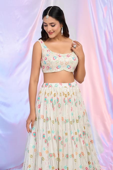 Buy_Aariyana Couture_White Net, Georgette Sequins, Embroidery Scoop Neck Flower Lehenga Set _Online_at_Aza_Fashions