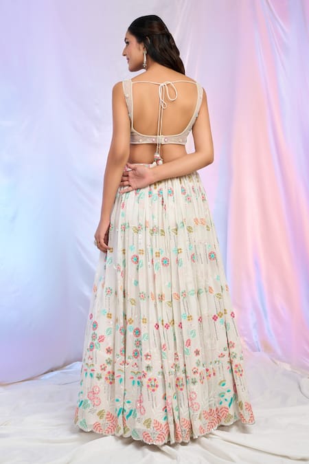 Shop_Aariyana Couture_White Net, Georgette Sequins, Embroidery Scoop Neck Flower Lehenga Set _Online_at_Aza_Fashions