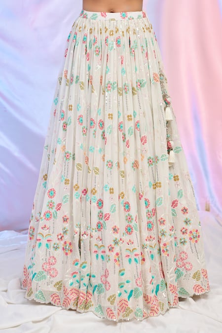 Aariyana Couture_White Net, Georgette Sequins, Embroidery Scoop Neck Flower Lehenga Set _at_Aza_Fashions