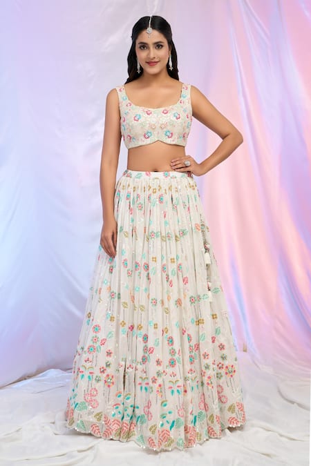 Buy_Aariyana Couture_White Net, Georgette Sequins, Embroidery Scoop Neck Flower Lehenga Set 
