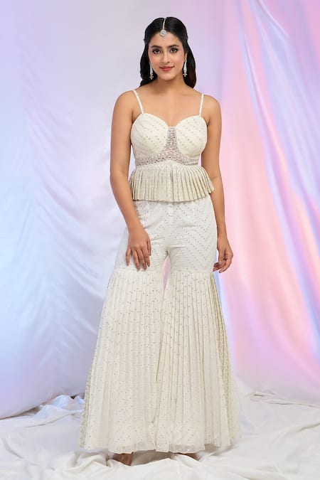Buy Aariyana Couture White Georgette Sequins, Embroidery, Beads Sweetheart Peplum Top Sharara Set Online at Aza Fashions Buy_Aariyana Couture_White Georgette Sequins, Embroidery, Beads Sweetheart Peplum Top Sharara Set _Online_at_Aza_Fashions