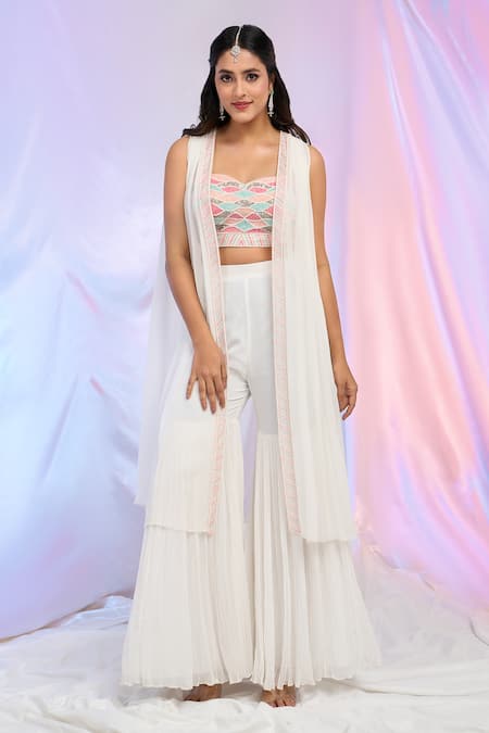 Shop_Aariyana Couture_White Georgette Sequins, Embroidery, Cut Work Hand Jacket Sharara Set 