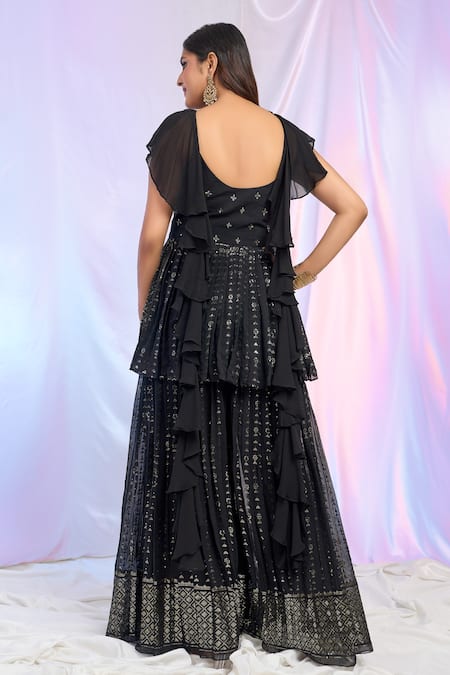 Shop_Aariyana Couture_Black Faux Leather, Georgette Sequins, Embroidery Pleated Peplum Top Palazzo Set _at_Aza_Fashions