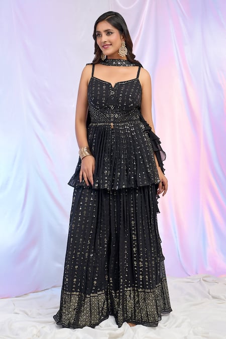 Buy_Aariyana Couture_Black Faux Leather, Georgette Sequins, Embroidery Pleated Peplum Top Palazzo Set 
