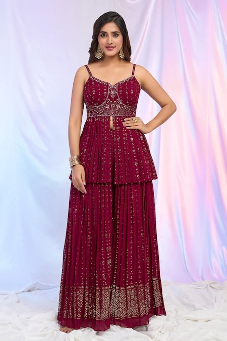 Aariyana Couture Maroon Faux Leather, Georgette Sequins Hand Work Pleated Peplum Top Palazzo Set Online at Aza Fashions Aariyana Couture_Maroon Faux Leather, Georgette Sequins Hand Work Pleated Peplum Top Palazzo Set _Online_at_Aza_Fashions