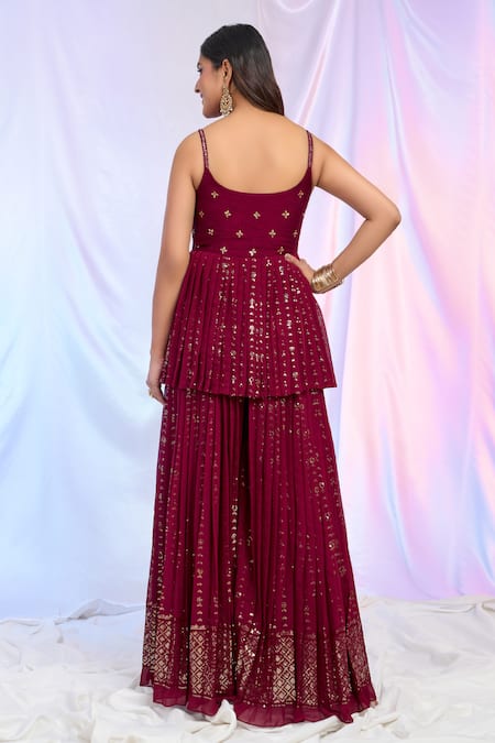 Shop Aariyana Couture Maroon Faux Leather, Georgette Sequins Hand Work Pleated Peplum Top Palazzo Set Online at Aza Fashions Shop_Aariyana Couture_Maroon Faux Leather, Georgette Sequins Hand Work Pleated Peplum Top Palazzo Set _Online_at_Aza_Fashions