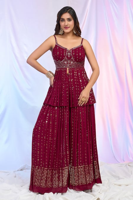 Aariyana Couture Maroon Faux Leather, Georgette Sequins Hand Work Pleated Peplum Top Palazzo Set at Aza Fashions Aariyana Couture_Maroon Faux Leather, Georgette Sequins Hand Work Pleated Peplum Top Palazzo Set _at_Aza_Fashions