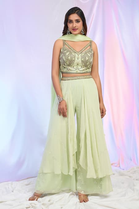 Buy_Aariyana Couture_Green Silk, Georgette Embroidery V-neck Floral Draped Palazzo Set _Online_at_Aza_Fashions