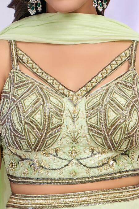 Shop_Aariyana Couture_Green Silk, Georgette Embroidery V-neck Floral Draped Palazzo Set _Online_at_Aza_Fashions