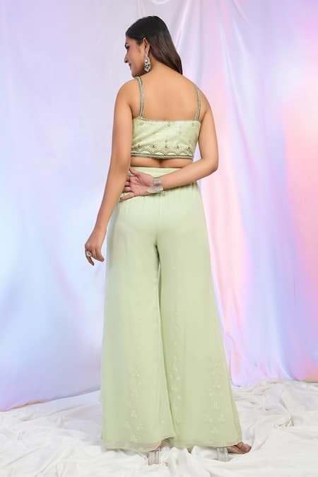 Aariyana Couture_Green Silk, Georgette Embroidery V-neck Floral Draped Palazzo Set _at_Aza_Fashions