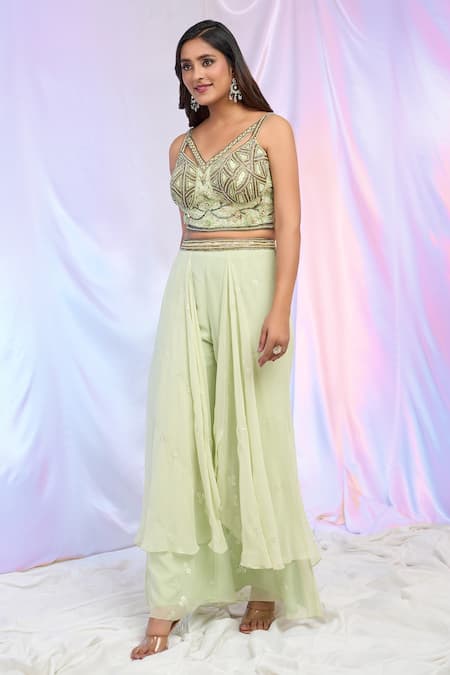 Buy_Aariyana Couture_Green Silk, Georgette Embroidery V-neck Floral Draped Palazzo Set 