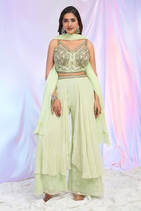 Buy Green Chinon Embroidered Sequin Plain Pre-draped Saree With Blouse For  Women by Alaya Advani Online at Aza Fashions.