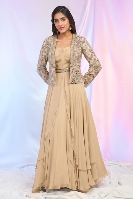 Aariyana Couture_Gold Georgette Embroidery V-, Open Draped Gown With Floral Jacket _at_Aza_Fashions