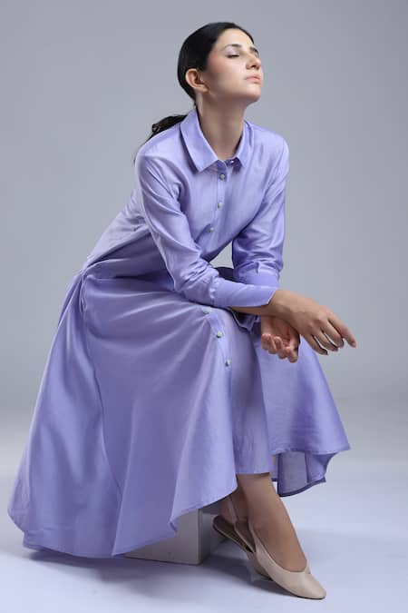 Dhi_Purple Chanderi Collared Multi Panel Shirt Dress _Online_at_Aza_Fashions