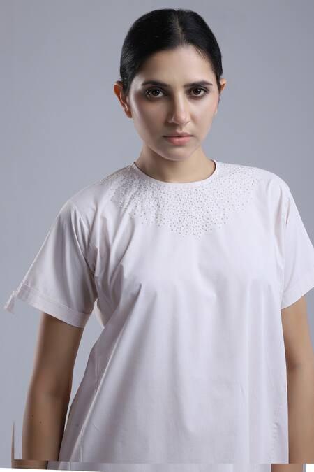 Dhi_Ivory Cotton Embroidery Round Neck T-shirt Dress _Online_at_Aza_Fashions