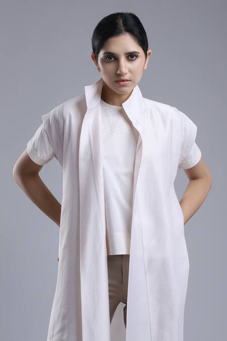 Dhi_Ivory Multi Panel Chanderi Long Overlay _Online_at_Aza_Fashions